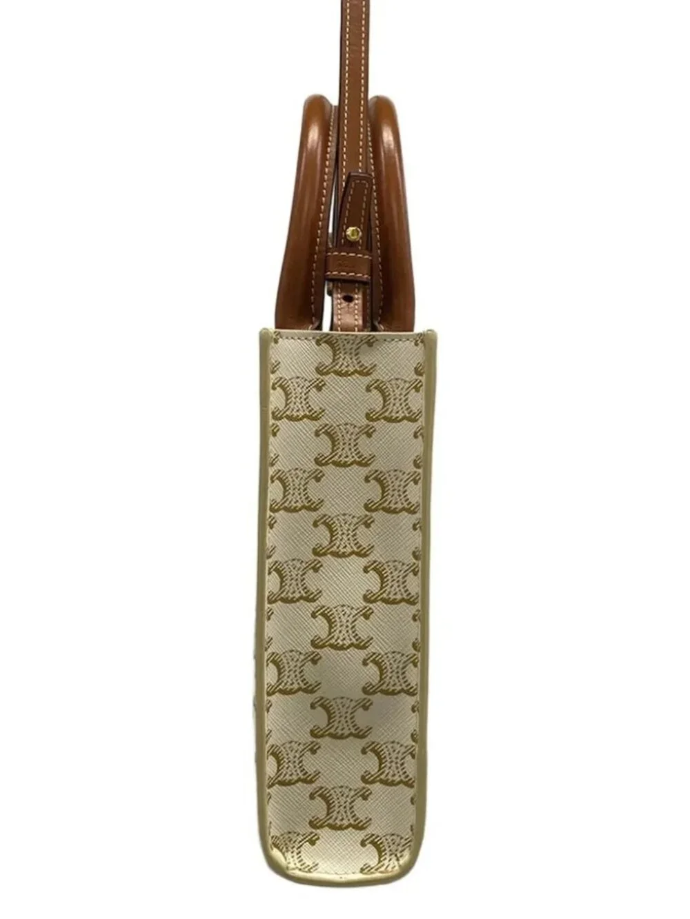CELINE Mini Vertical Cabas Cream Brown Triomphe Canvas Calf Skin Tote Bag